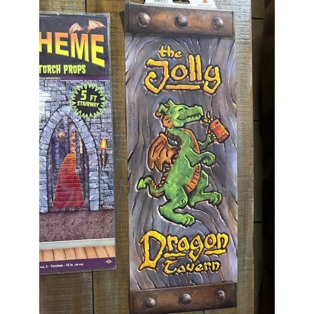 Beistle Insta-Theme Medieval Castle Props & Jolly Dragon Tavern Banner 10pc Set